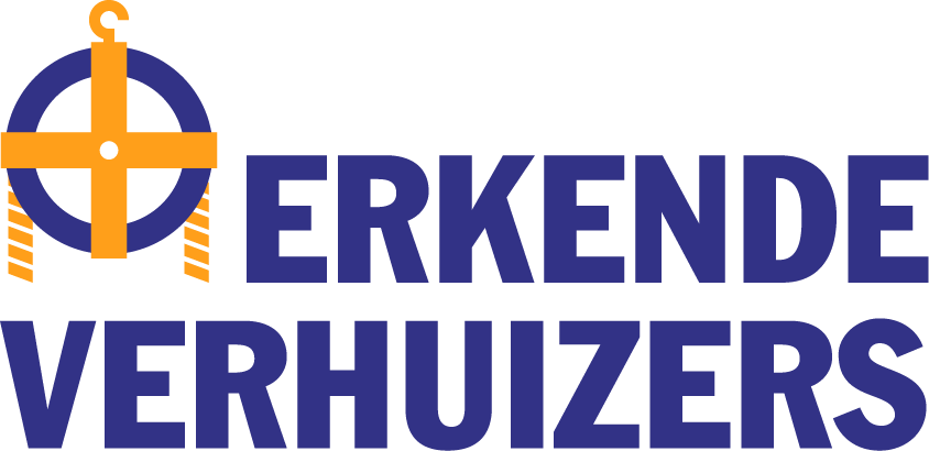 Het logo van branche organisatie Erkende Verhuizers. Het bestaat uit een blauwe cirkel met een oranje kruis er dover. Naast de naam "Erkende Verhuizers" staat er in een handschrift font onder "Je voelt je direct thuis".